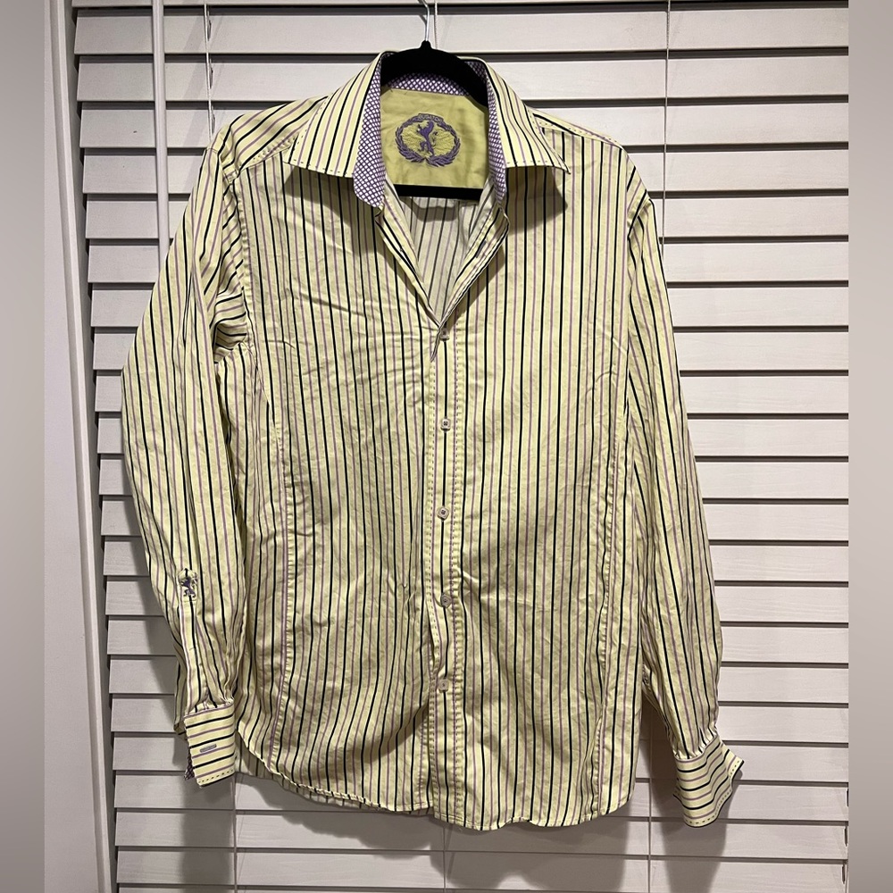 Bugatchi Uomo Mens Yellow Striped Long Sleeve Button Down Shirt Purple Black XL